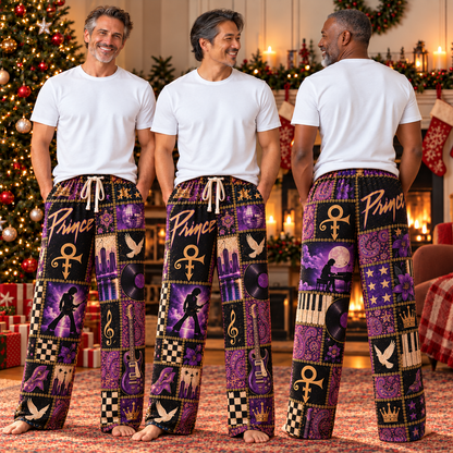 Prince Classic Funk Pop Pajama Pants - Retro Patchwork Cloud Guitar, White Dove & Disco Ball Sleepwear - Comfortable  Pajama for Music Fans & Collectors Gift