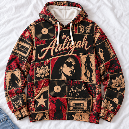 Aaliyah Patchwork Hoodie – Vintage 90s R&B Singer Graphic Pullover, Retro Hip Hop Music Hoodie, Aaliyah Memorial Fan Gift