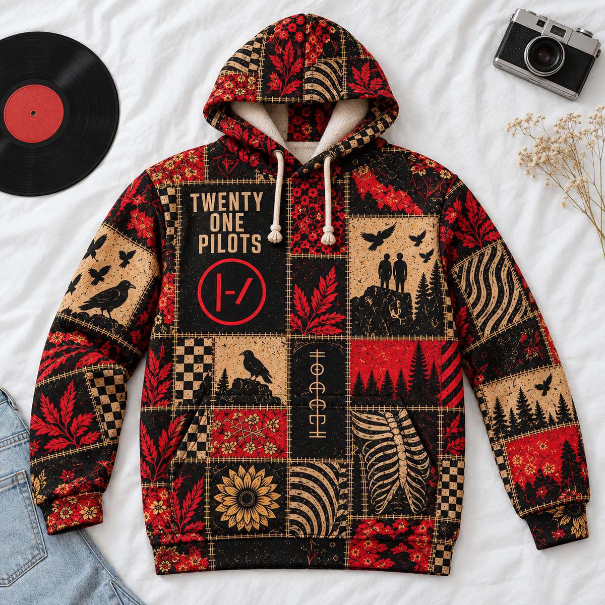 Twenty One Pilots Patchwork Sherpa Hoodie – Ultra Soft Fleece Pullover, Double Layer Hood, Alternative Rock Band Fan Gift