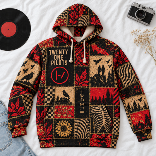 Twenty One Pilots Patchwork Sherpa Hoodie – Ultra Soft Fleece Pullover, Double Layer Hood, Alternative Rock Band Fan Gift