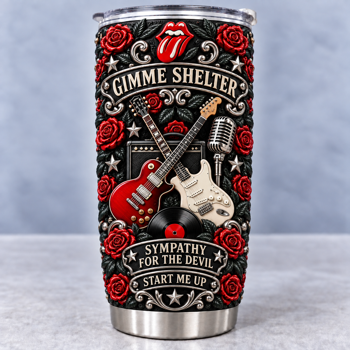 The Rolling Stones 3D Printed Tumbler - 20oz Stainless Steel Insulated Travel Coffee Mug with Lid - Classic Rock Band Music Merchandise Gift