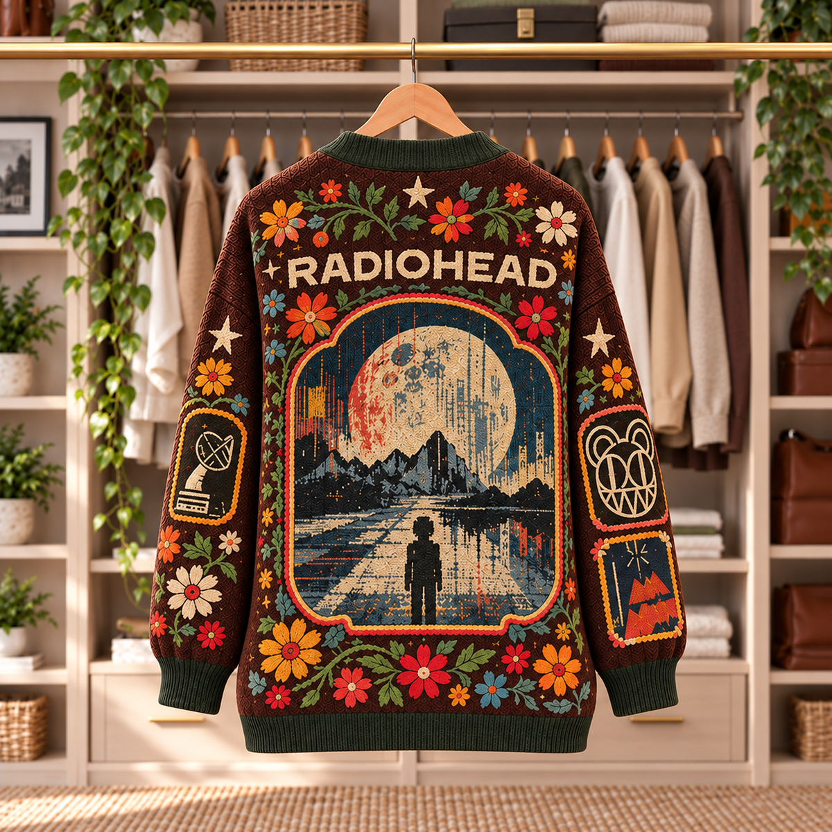 Radiohead Patchwork Knitted Cardigan - Casual Oversized Button Sweater, Modified Bear Alternative Rock Fan Gift