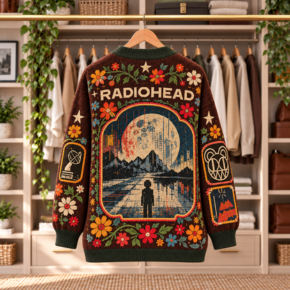 Radiohead Patchwork Knitted Cardigan - Casual Oversized Button Sweater, Modified Bear Alternative Rock Fan Gift