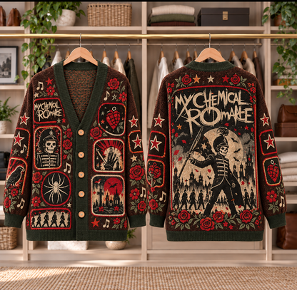 My Chemical Romance Patchwork Cardigan - Casual Oversized Button Sweater, Black Parade Skeleton Spider Emo Rock Fan Gift
