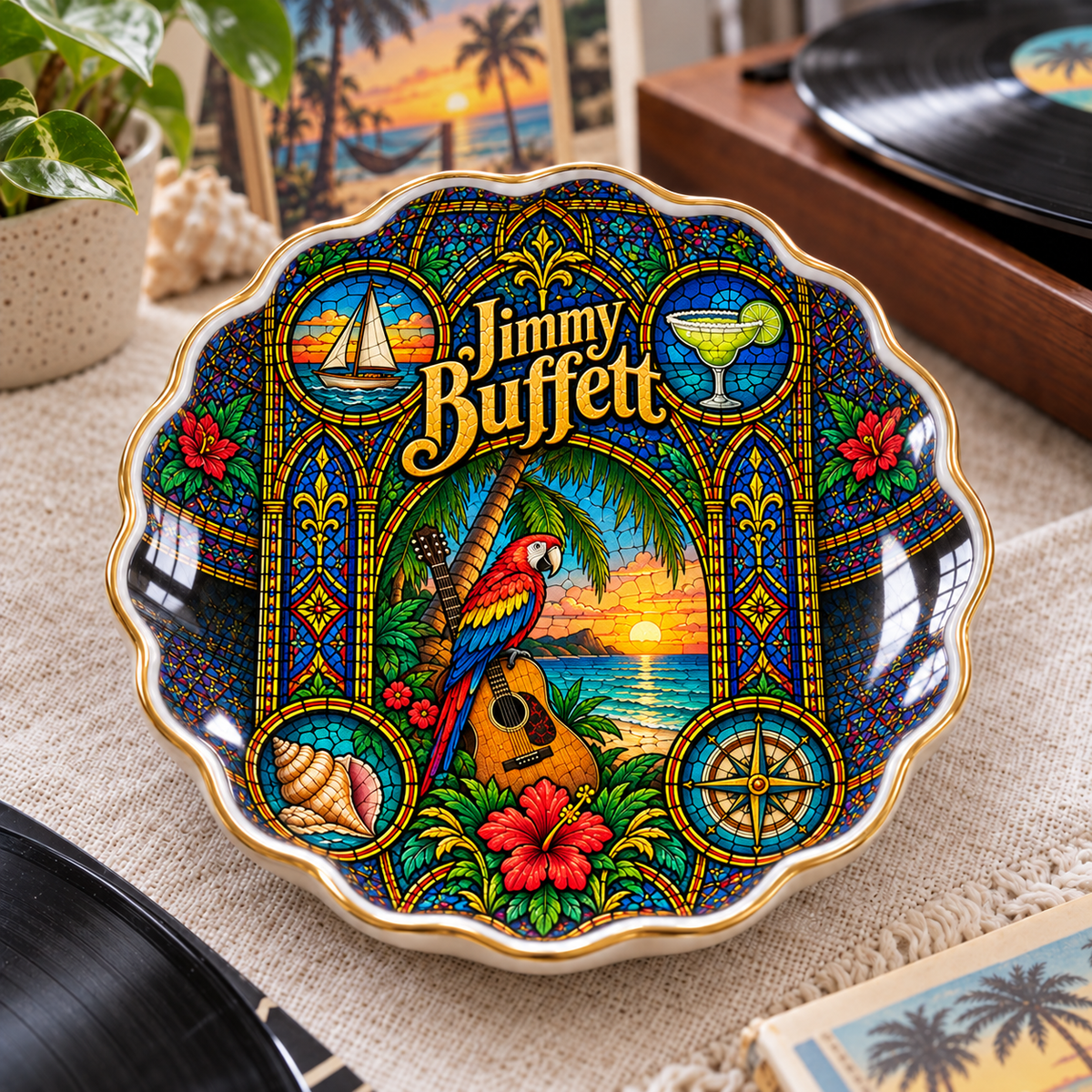 Jimmy Buffett Mexican Folk Art Ceramic Jewelry Dish - Parrot & Margarita Ring Tray - Island Rock Fan Unique Collectible