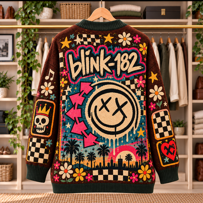 Blink-182 Patchwork Knitted Cardigan - Casual Oversized Button Sweater, Smiley Face UFO Punk Rock Band Fan Gift
