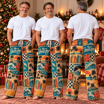 The Beach Boys Patchwork Pajama Pants - Vintage Surf Rock Art & California Sun Lounge Pants with Elastic Waistband, Adjustable Drawstring & Two Side Pockets