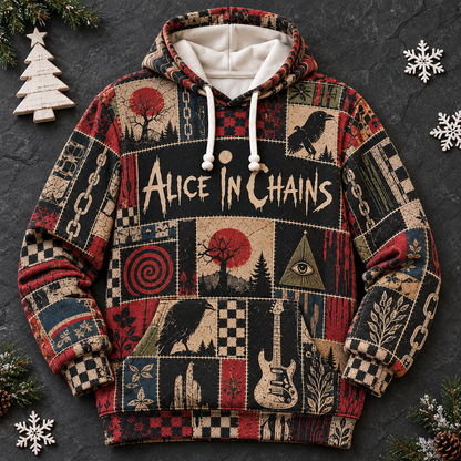 Alice In Chains Patchwork Hoodie – Vintage Grunge Rock Band Graphic Pullover, Retro Alternative Metal Music Fan Gift