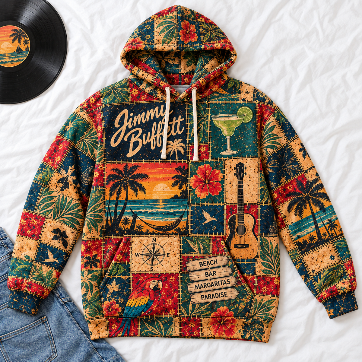 Jimmy Buffett Patchwork Hoodie – Vintage Tropical Beach Graphic Pullover, Margaritaville Paradise Hoodie, Retro Parrothead Fan Gift