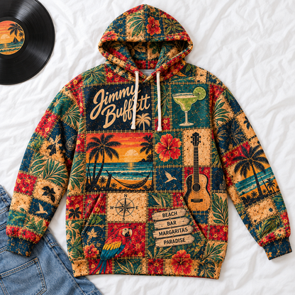 Jimmy Buffett Patchwork Hoodie – Vintage Tropical Beach Graphic Pullover, Margaritaville Paradise Hoodie, Retro Parrothead Fan Gift