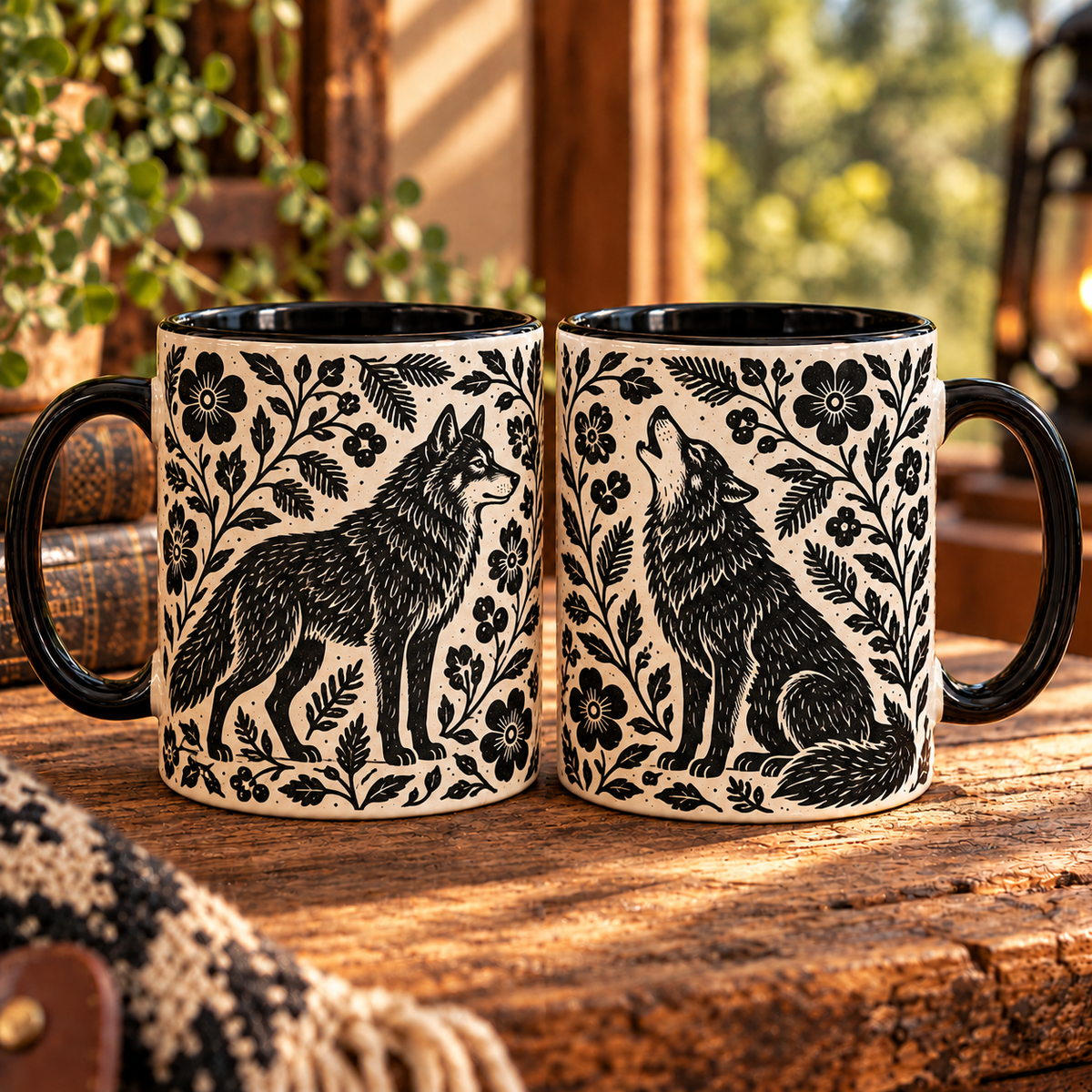 Wolf Botanical Linocut Ceramic Mug - Aesthetic Black & White Forest Animals Coffee Cup Home Decor