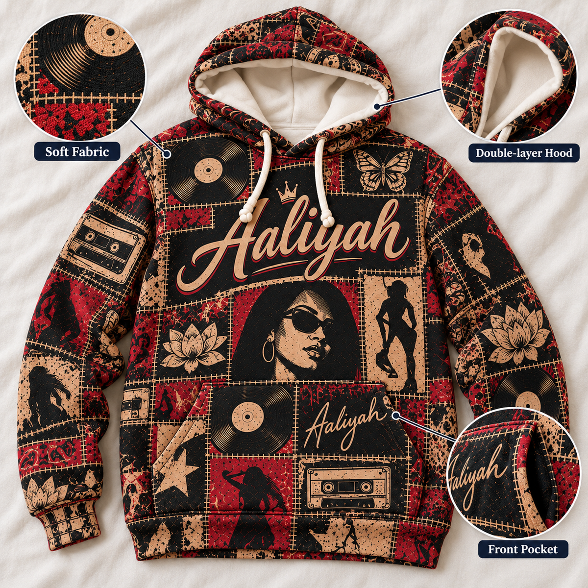 Aaliyah Patchwork Hoodie – Vintage 90s R&B Singer Graphic Pullover, Retro Hip Hop Music Hoodie, Aaliyah Memorial Fan Gift