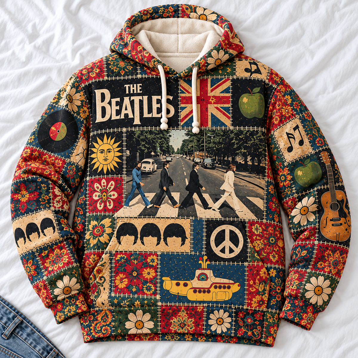 The Beatles Patchwork Hoodie – Vintage 60s Psychedelic Rock Graphic Pullover, Abbey Road & Yellow Submarine Design, Retro Floral Beatles Sweatshirt