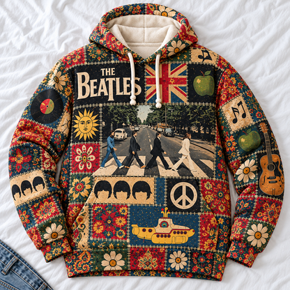 The Beatles Patchwork Hoodie – Vintage 60s Psychedelic Rock Graphic Pullover, Abbey Road & Yellow Submarine Design, Retro Floral Beatles Sweatshirt