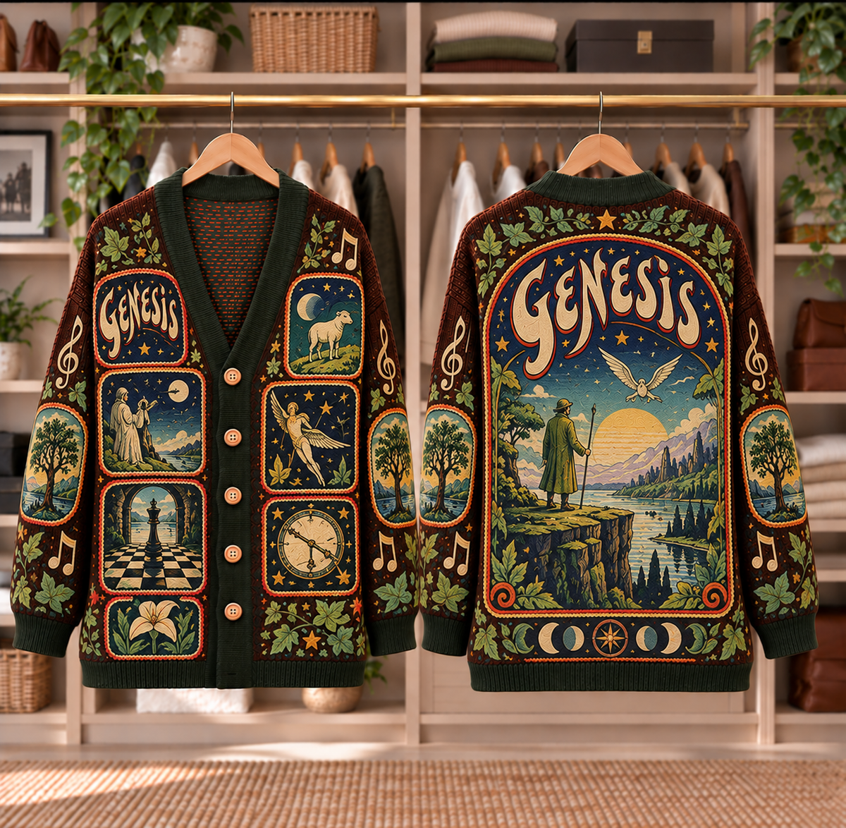 Genesis Patchwork Knitted Cardigan - Casual Oversized Button Sweater, Prog Rock Chessboard Clock Music Fan Gift