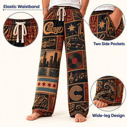 Chicago Pajama Pants- Patchwork Brass Horn & City Flag Art Lounge Pants | Classic Rock Memorabilia & Gift