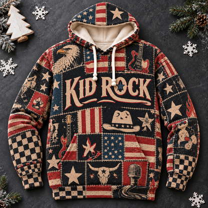 Kid Rock Patchwork Hoodie – Vintage American Rock Graphic Pullover, Patriotic USA Flag & Cowboy Design, Retro Country Rock Fan Gift, Unisex Sweatshirt