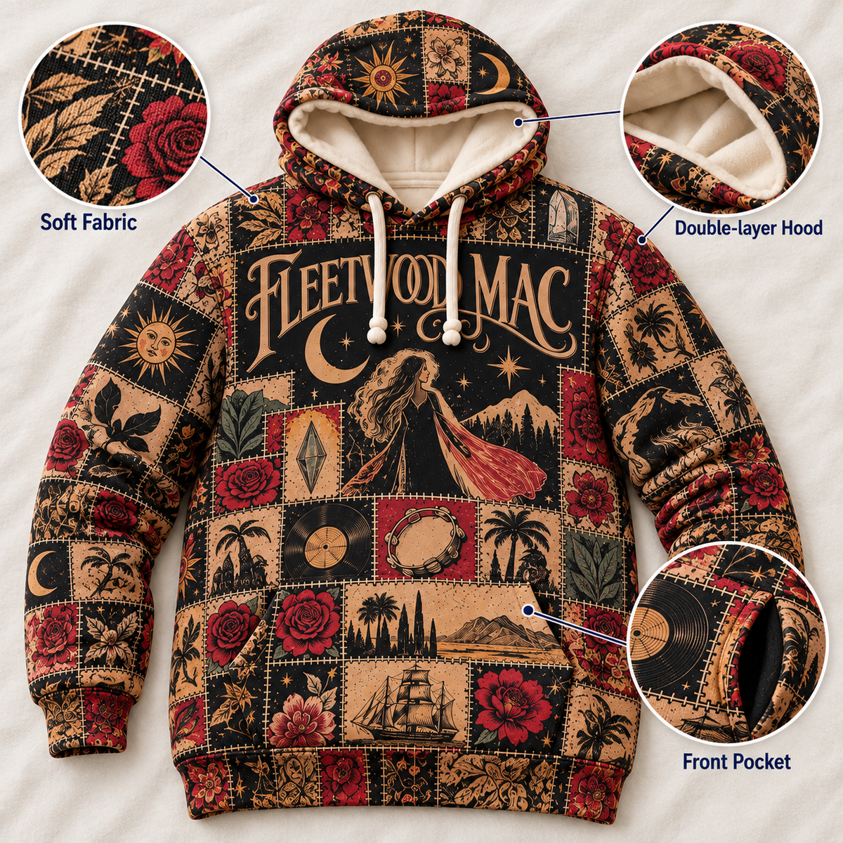 Fleetwood Mac Patchwork Hoodie – Vintage 70s Rock Band Graphic Pullover, Retro Boho Floral Hoodie, Fleetwood Mac Fan Gift