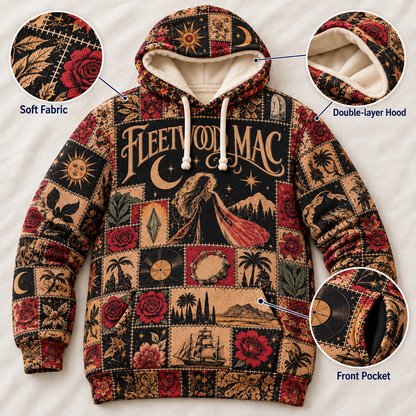 Fleetwood Mac Patchwork Hoodie – Vintage 70s Rock Band Graphic Pullover, Retro Boho Floral Hoodie, Fleetwood Mac Fan Gift