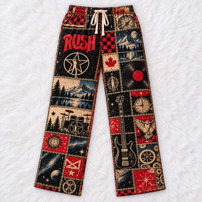 Rush Classic Pajama Pants - Retro Patchwork Canadian Maple Leaf, Bass Guitar & Clockwork Art Sleepwear - Comfortable Pants for Music Fans & Collectors Gift