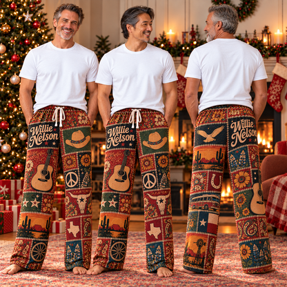 Willie Nelson Patchwork Pajama Pants - Vintage Outlaw Country Music Art & Texas Flag Lounge Pants with Elastic Waistband, Adjustable Drawstring & Two Side Pockets