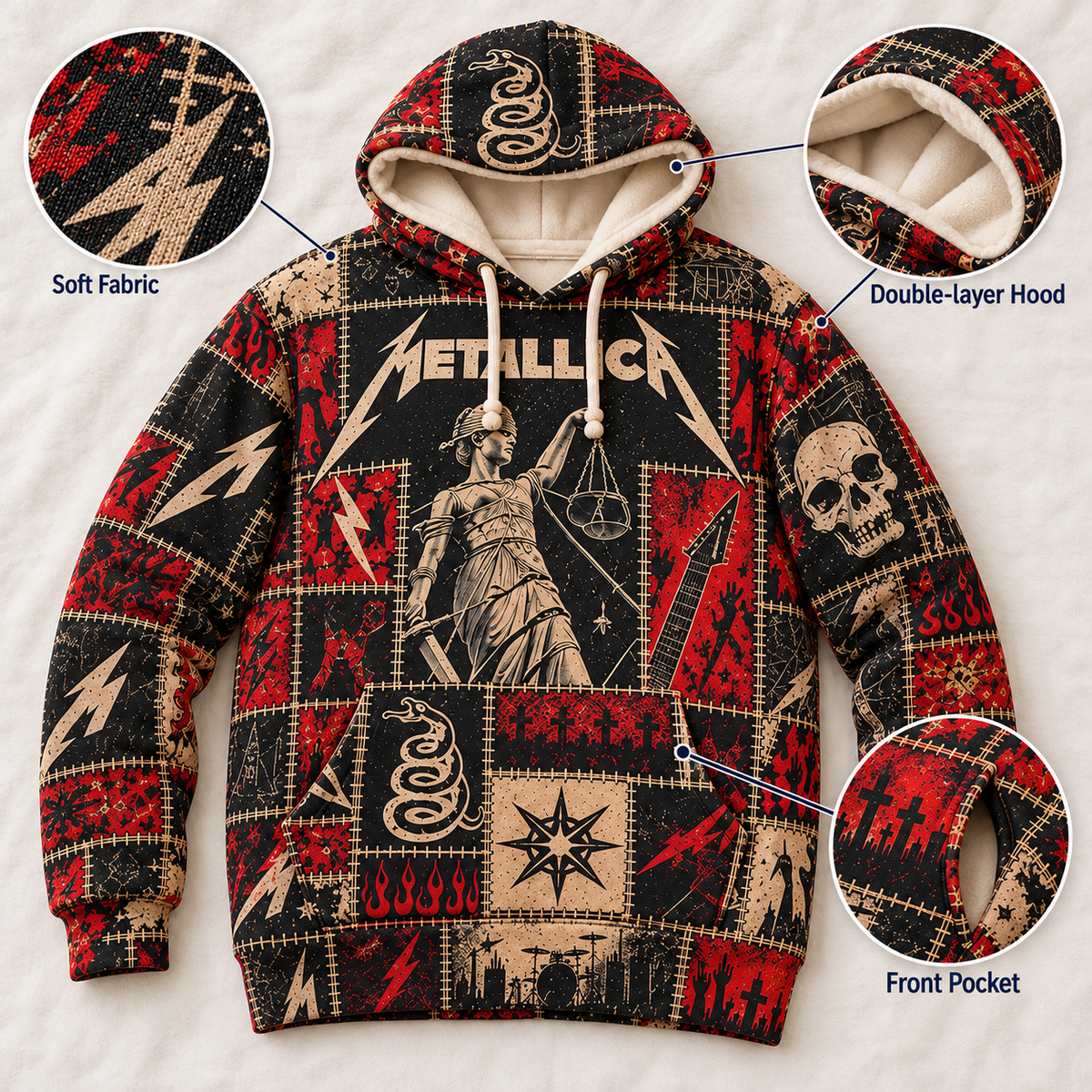 Metallica Patchwork Hoodie – Vintage Heavy Metal Graphic Pullover, And Justice for All Inspired Sweatshirt, Retro Thrash Metal Fan Gift, Unisex Rock Hoodie
