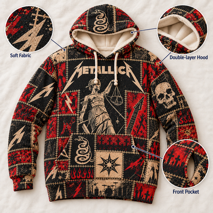 Metallica Patchwork Hoodie – Vintage Heavy Metal Graphic Pullover, And Justice for All Inspired Sweatshirt, Retro Thrash Metal Fan Gift, Unisex Rock Hoodie