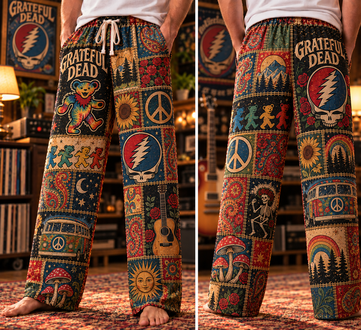 Grateful Dead Pajama Pants - Patchwork Dancing Bear Art Sleepwear | Comfortable Music Fan Lounge Pants