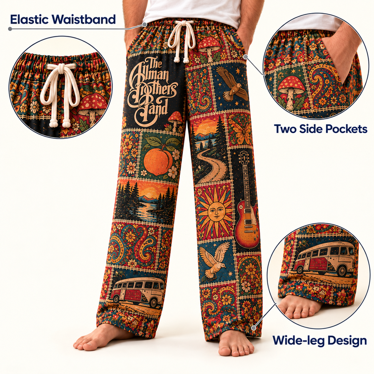 Official The Allman Brothers Band Sleepwear - Retro Patchwork Lounge & Pajama Pants for Fans