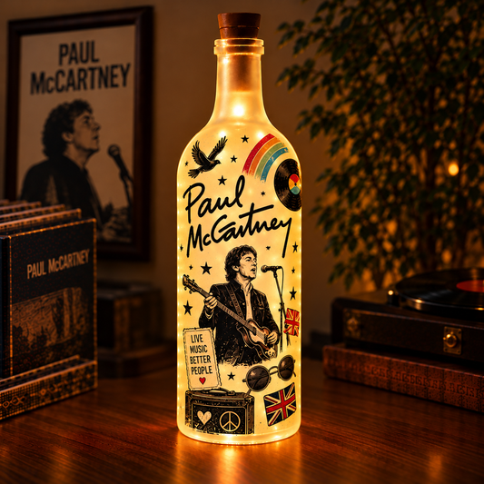 Paul McCartney Vintage Lighted Bottle Lamp - Premium Classic Rock Merchandise, Hofner Bass & Union Jack LED Fairy Light Up Bottle Night Light Decor Gift