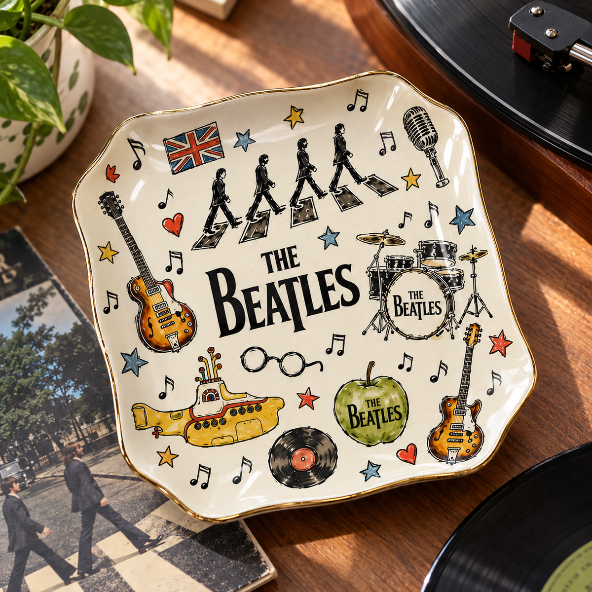 The Beatles Sketch Art Jewelry Dish - Ceramic Trinket Tray, Abbey Road Yellow Submarine Ring Holder, Rock Band Fan Gift
