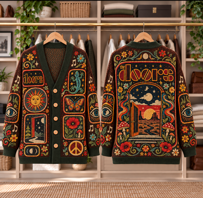 The Doors Patchwork Cardigan - Casual Button Sweater, Lizard King Butterfly Psychedelic Rock Music Fan Gift