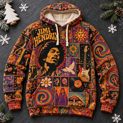 Jimi Hendrix Patchwork Hoodie – Vintage Psychedelic Rock Graphic Pullover, Retro 60s Hippie Tie-Dye Hoodie, Jimi Hendrix Fan Gift