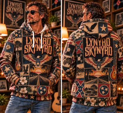 Lynyrd Skynyrd Patchwork Hoodie – Vintage Southern Rock Band Graphic Pullover, American Eagle & Free Bird Design, Retro Classic Rock Fan Gift, Unisex Sweatshirt
