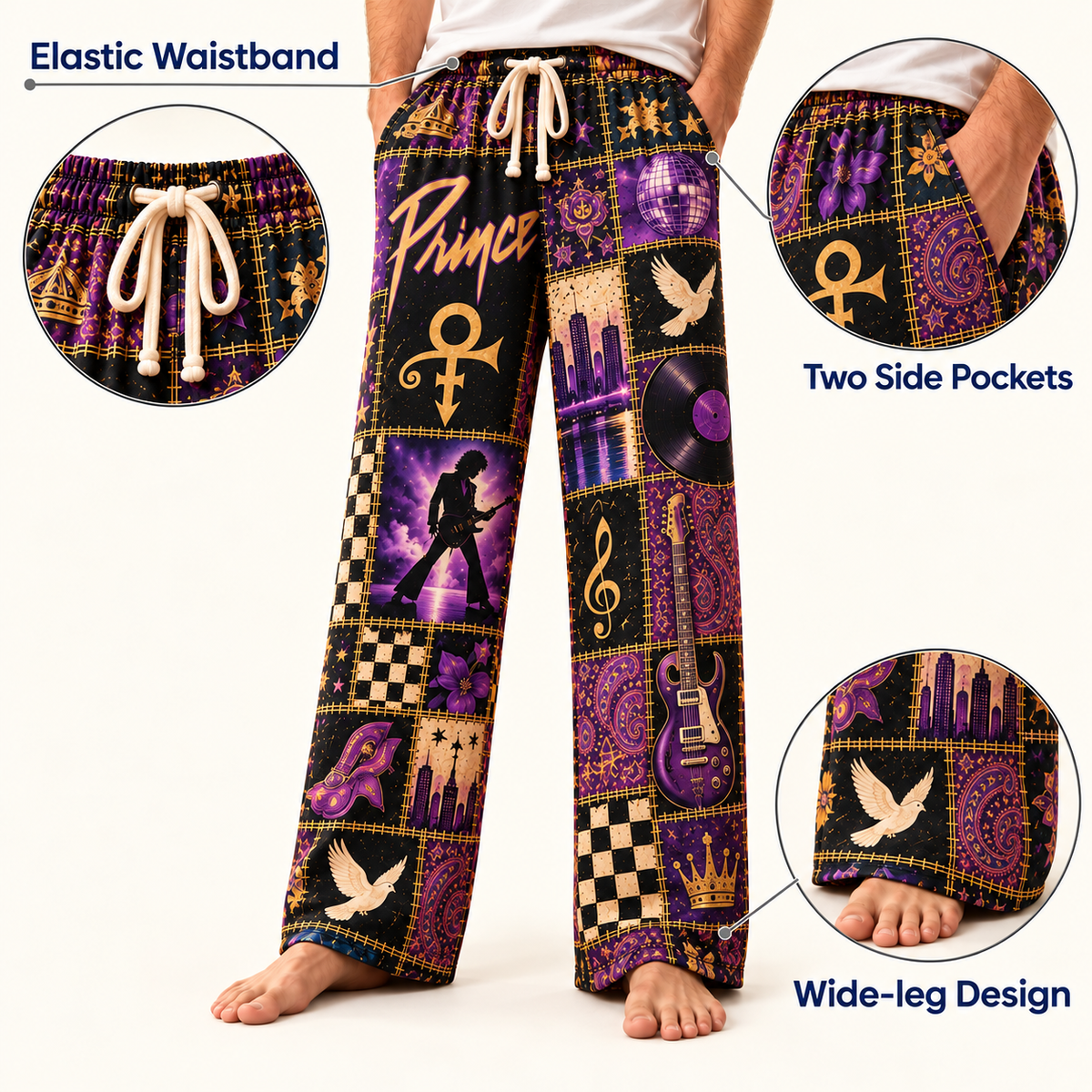 Prince Classic Funk Pop Pajama Pants - Retro Patchwork Cloud Guitar, White Dove & Disco Ball Sleepwear - Comfortable  Pajama for Music Fans & Collectors Gift
