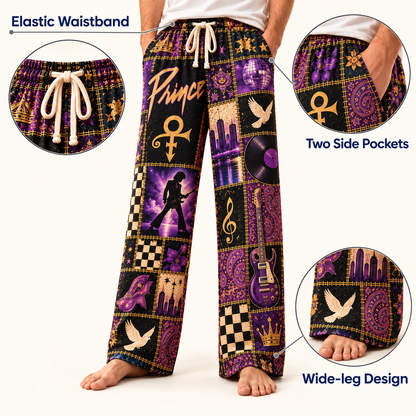 Prince Classic Funk Pop Pajama Pants - Retro Patchwork Cloud Guitar, White Dove & Disco Ball Sleepwear - Comfortable  Pajama for Music Fans & Collectors Gift