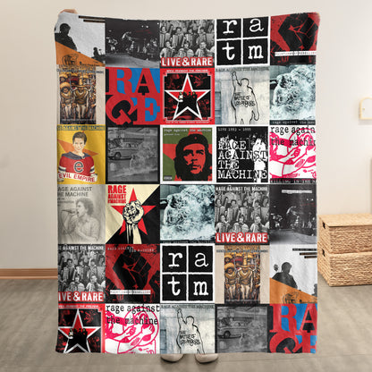 Rage Against the Machine Album Covers Sherpa Blanket - Retro Zack de la Rocha Discography Artwork Collage Quilt - Perfect Holiday Gift for Rock Fans