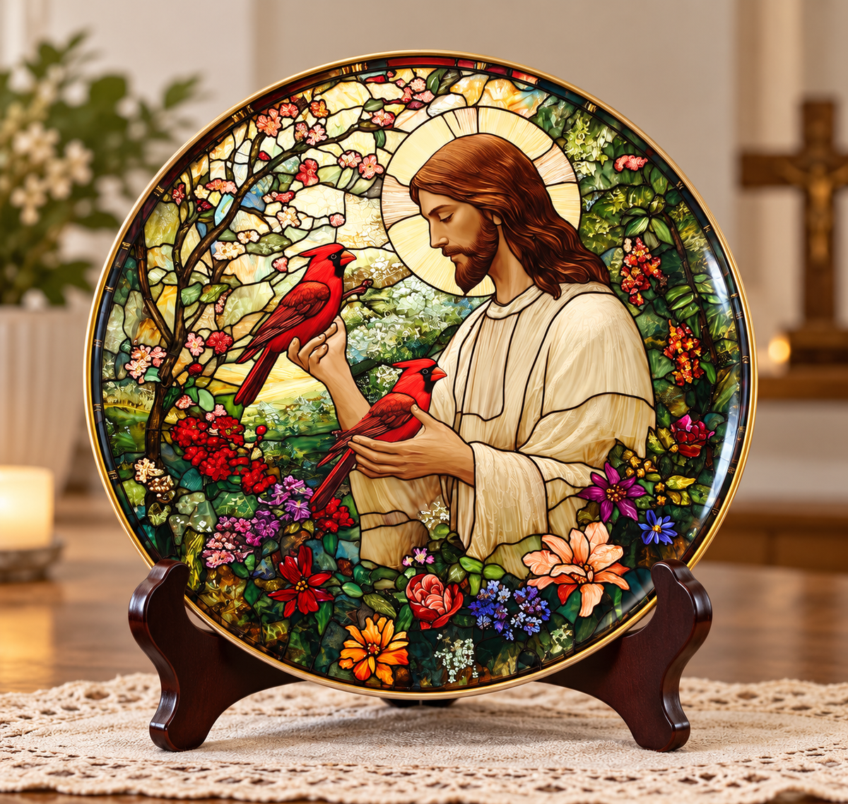 Jesus Stained Glass Decorative Plate – Christian Cardinal & Floral Faith Art, Religious Christmas Gift for Christian Home Decor