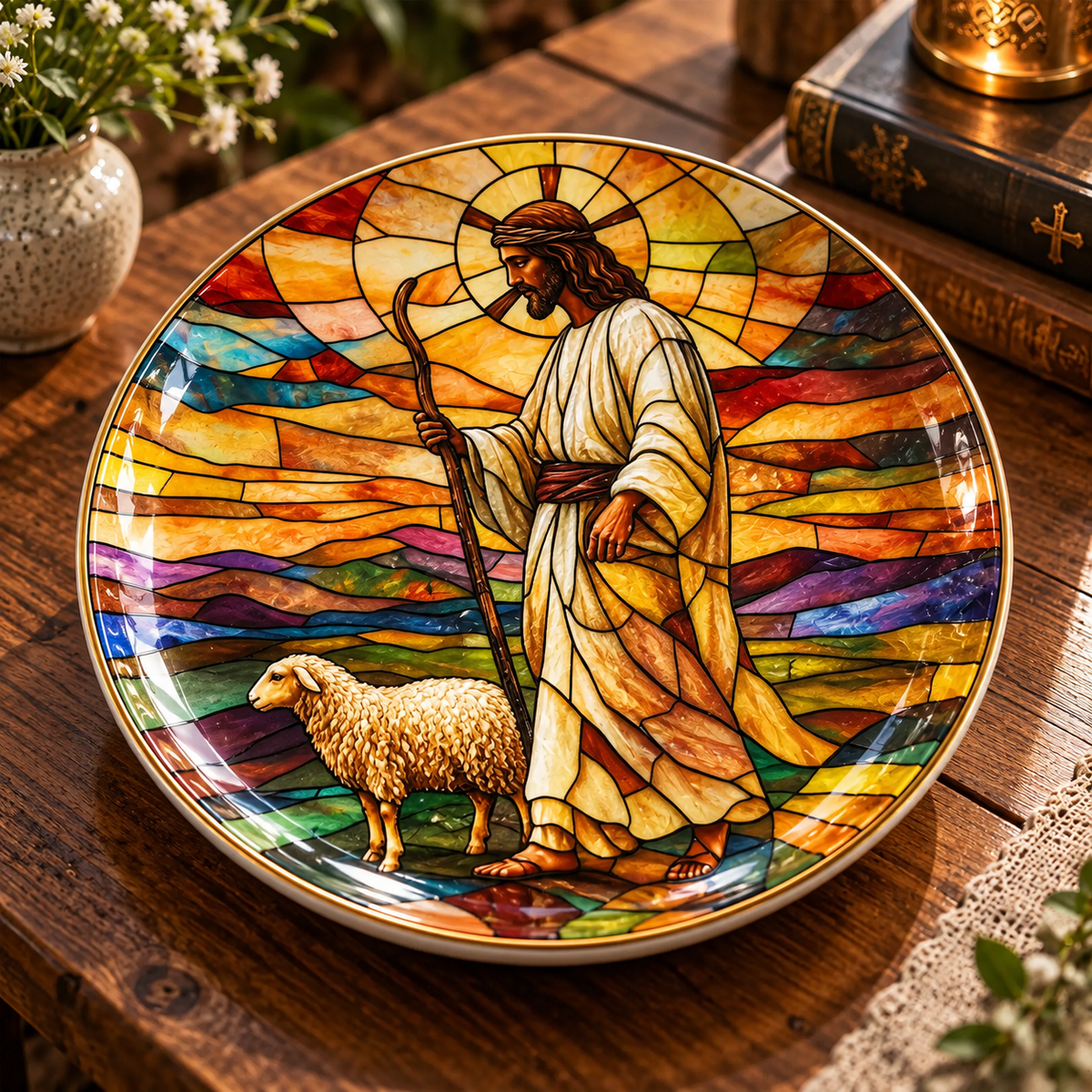 Jesus Good Shepherd Decorative Plate – Stained Glass Christian Art with Lamb, Religious Faith Home Decor & Christmas Gift