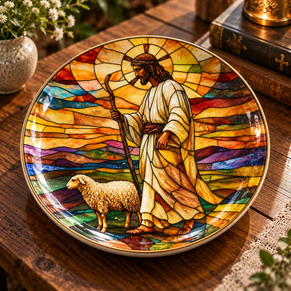 Jesus Good Shepherd Decorative Plate – Stained Glass Christian Art with Lamb, Religious Faith Home Decor & Christmas Gift
