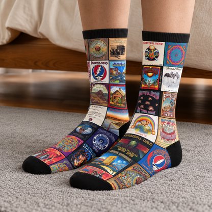 Grateful Dead Classic Psychedelic Rock Middle Tube Socks - Vintage Steal Your Face & Dancing Bear Art Printed Crew Socks