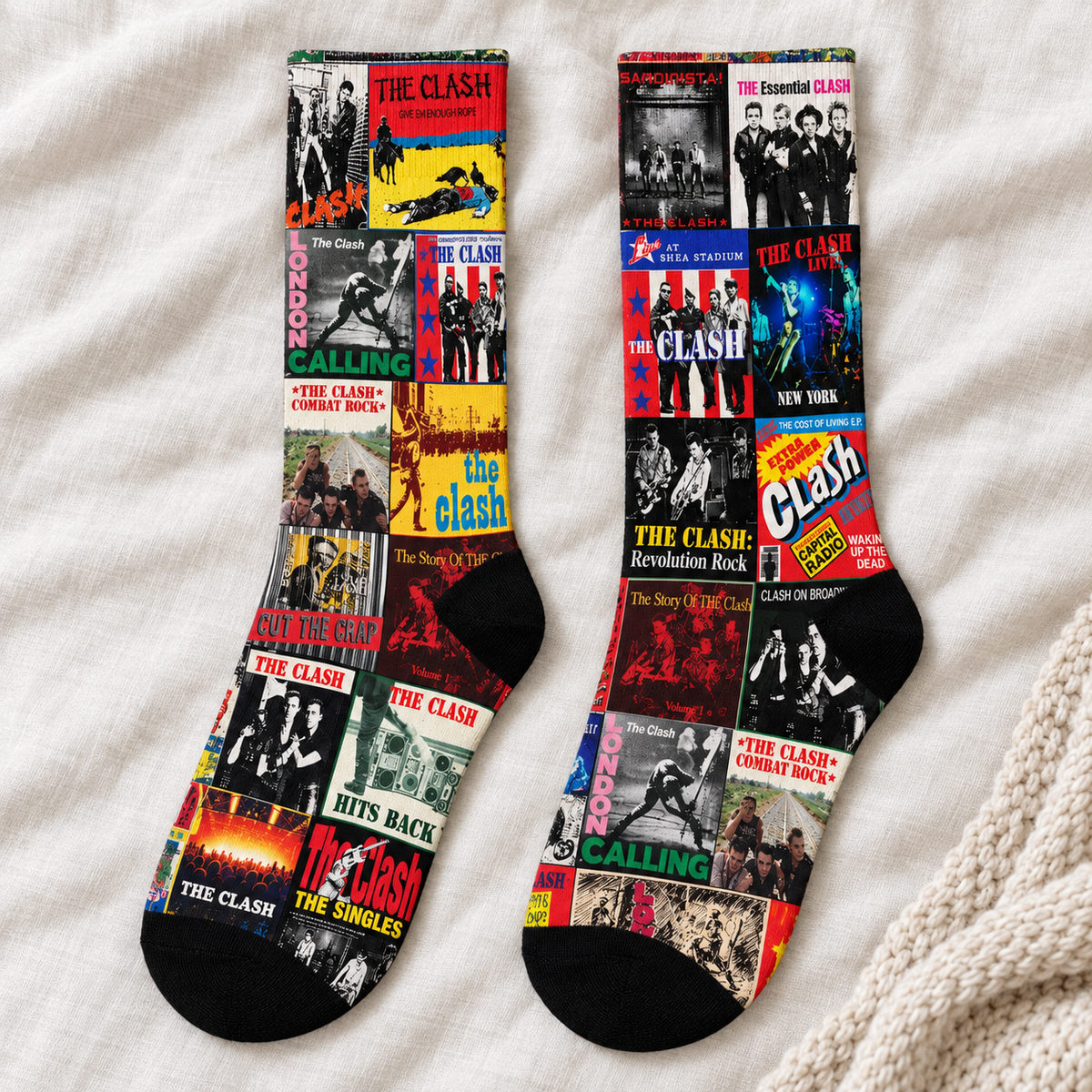 The Clash London Calling Classic Punk Rock Middle Tube Socks - Retro Patchwork Album Covers & Combat Rock Poster Printed Crew Socks