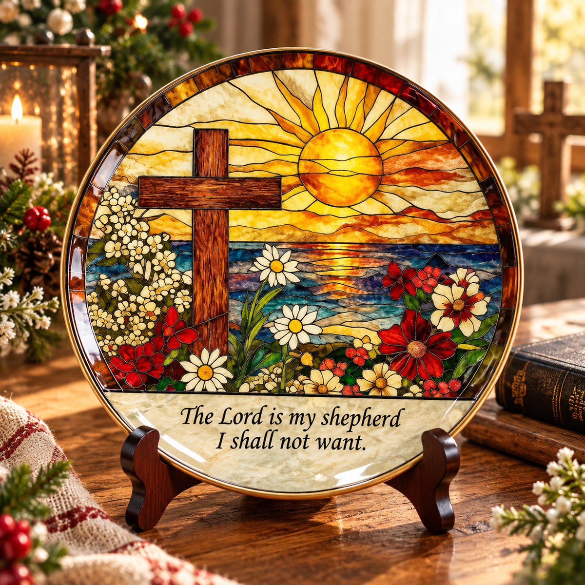 Psalm 23 Christian Decorative Plate – The Lord Is My Shepherd Stained Glass Cross Art, Religious Faith Gift & Christmas Home Decor