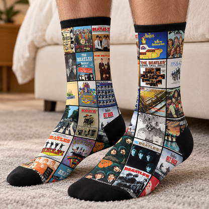 The Beatles Abbey Road & Help! Classic Rock Middle Tube Socks - Retro Patchwork Album Covers & John, Paul, George, Ringo Art Printed Crew Socks