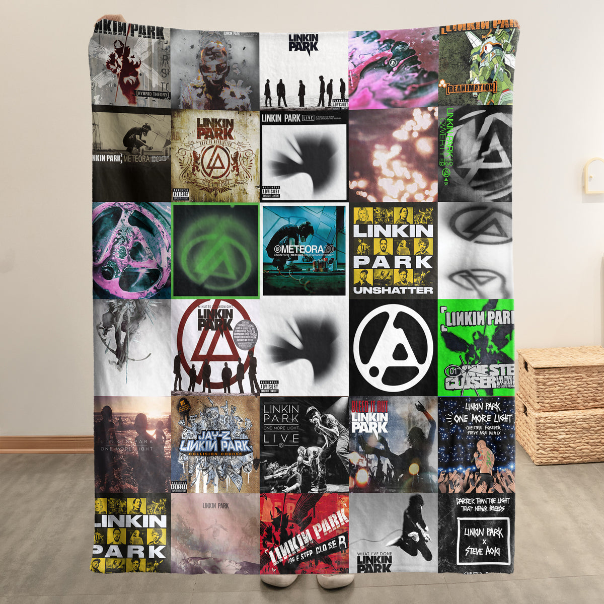 Linkin Park Album Covers Sherpa Blanket - Retro Chester Bennington & Mike Shinoda Discography Artwork Collage Quilt - Perfect Holiday Gift for Rock Fans