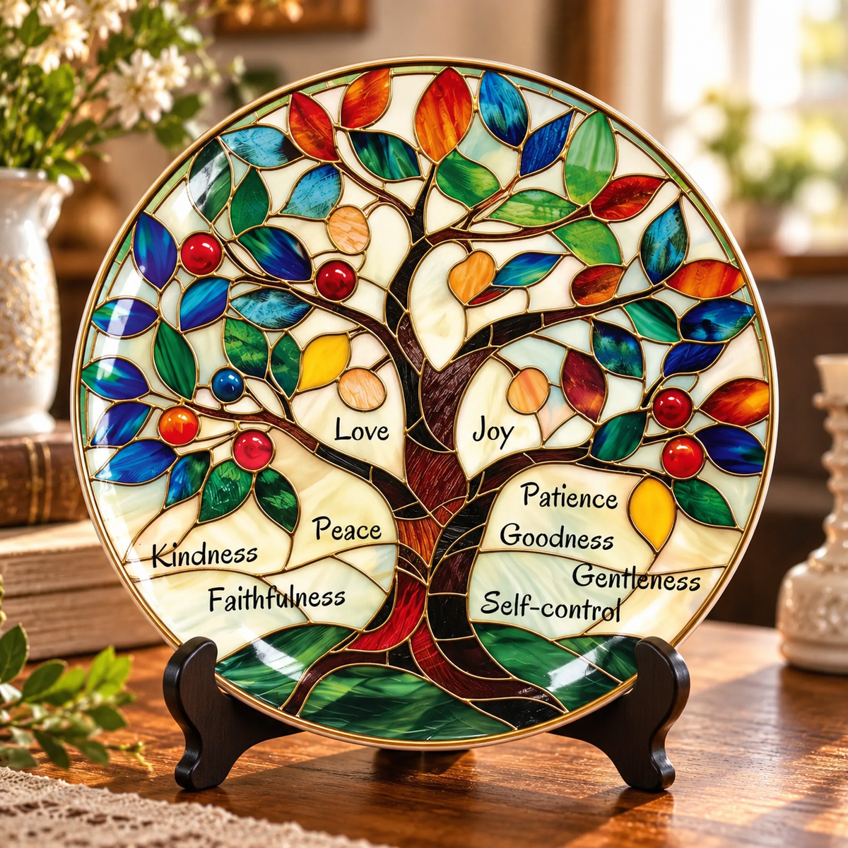 Tree of Peace Decorative Plate – Stained Glass Christian Tree Art, Faith Love Joy Peace Religious Home Decor Gift
