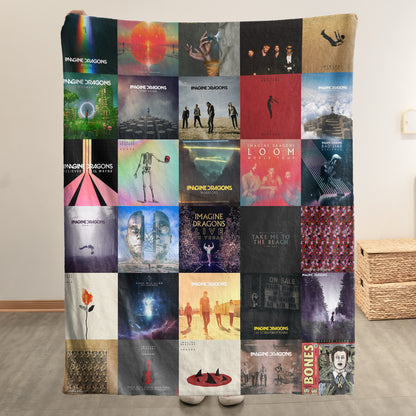 Imagine Dragons Album Covers Sherpa Blanket - Retro Dan Reynolds Discography Artwork Collage Quilt - Perfect Holiday Gift for Rock Fans