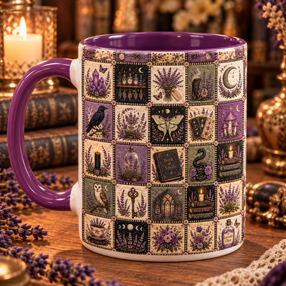 Witchy Patchwork Mug – Purple Lavender Magic Coffee Cup, Black Cat Tarot Crystal Moon Mug, Mystical Gift for Witch Lovers