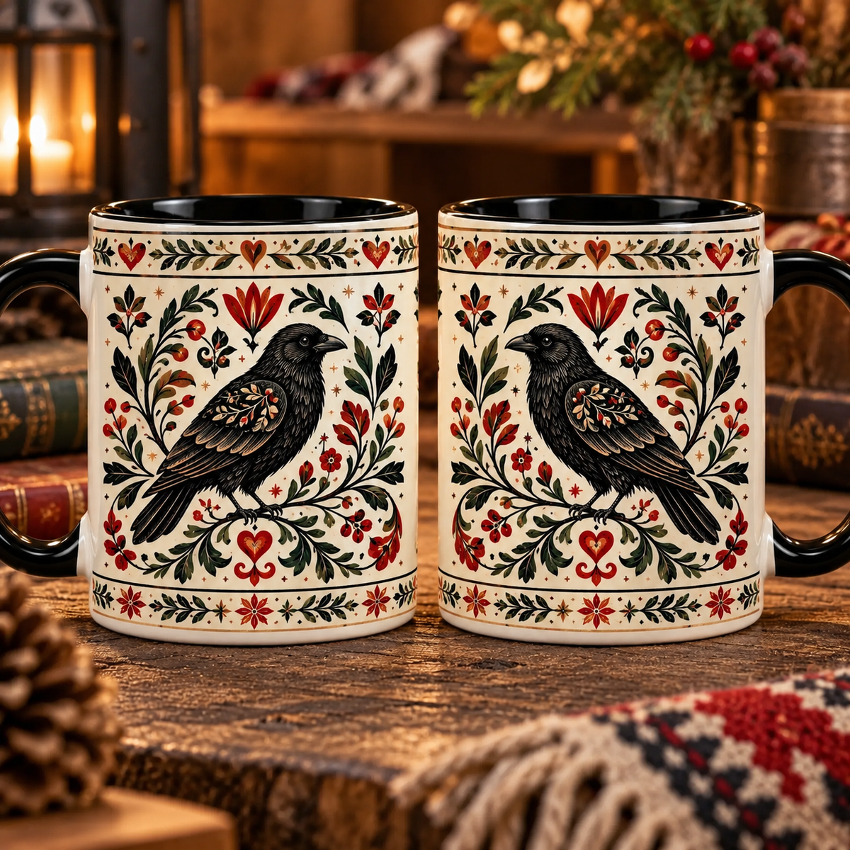 Nordic Folk Art Raven Ceramic Mug, Vintage Raven Coffee Mug, Scandinavian Botanical Raven Cup
