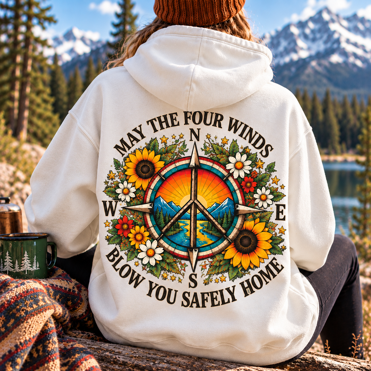May the Four Winds Blow You Safely Home Hoodie, Grateful Dead Inspired Peace Sign Sweatshirt, Boho Sunflower Hoodie, Hippie Outdoor Gift